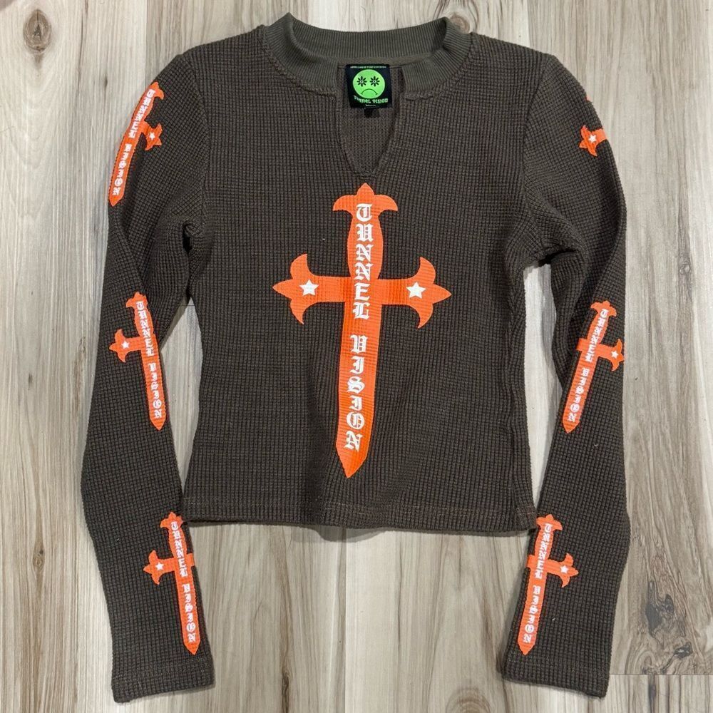 Tunnel Vision Cropped Waffle Knit Cross Long Sleeve Shirt Women’s XXS